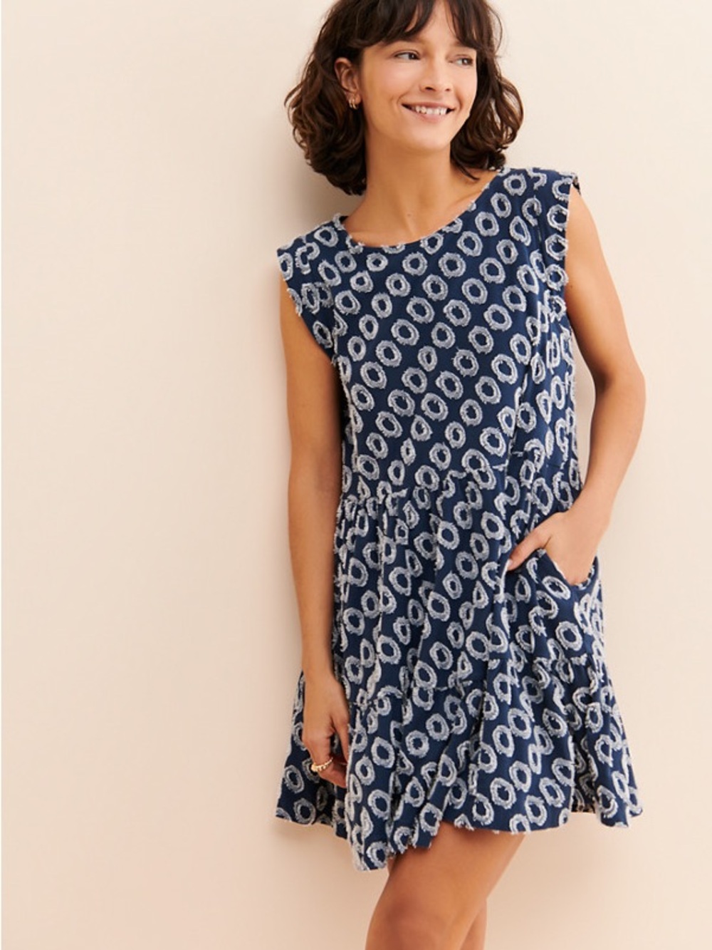 Anthropologie MAEVE Navy Blue Sleeveless Circle-Print Babydoll Dress